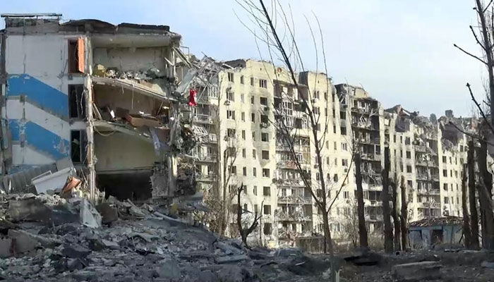 Destroyed residential buildings in eastern Ukraines Avdiivka seen in handout footage posted on Telegram by Donetsk provinces Moscow-appointed authorities on February 24, 2024. — AFP