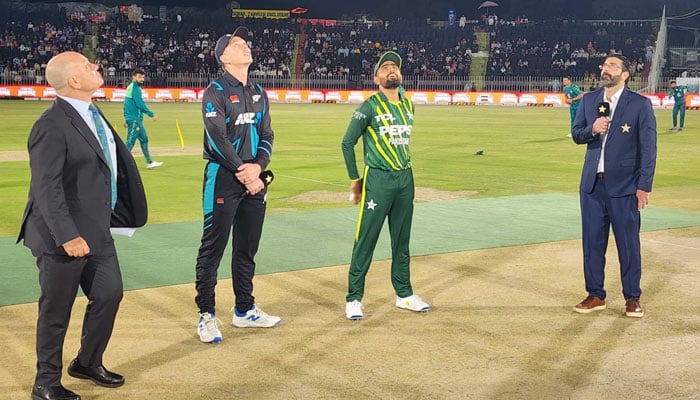 The image released on April 18, 2024 shows the toss between Pakistan and New Zealand at the Rawalpindi Cricket Stadium. — Facebook/PakistanCricketBoard