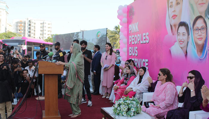Faryal Talpur addresses during the inauguration of the Pink Bus Service in Karachi under the Sindh Peoples Bus Service on April 22, 2024. — Facebook/Faryal Talpur