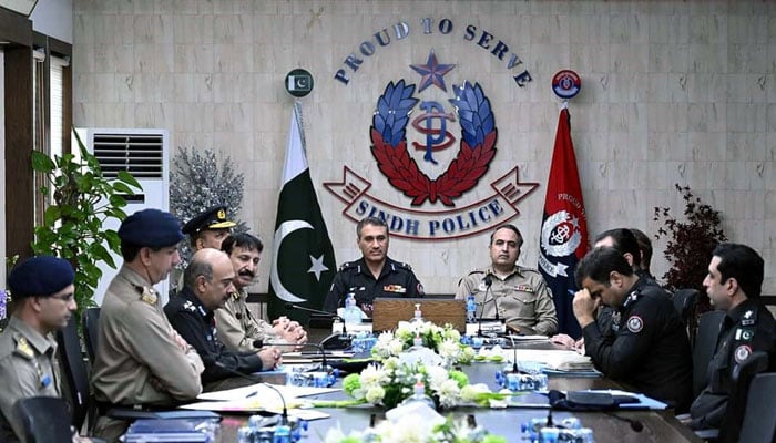 Sindh Police Inspector General (IG), Ghulam Nabi Memon presides over a high-level meeting, at CPO Headquarters in Karachi on April 22, 2024. — PPI