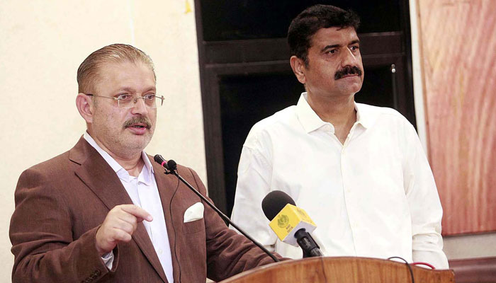 Sindh’s Senior Minister for Information and Transport Sharjeel Inam Memon  addresses media persons at the Karachi press club on Monday, April 22, 2024. — PPI
