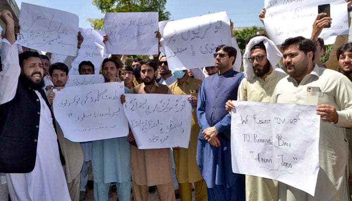 Members of Berozgar Naujawan Tehreek hold a protest against unemployment in Peshawar on April 22, 2024. — PPI