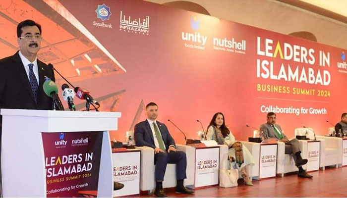 Senate Chairman Syed Yusuf Raza Gilani addressing the 7th edition of the leaders in Islamabad Business Summit in Islamabad on April 23, 2024. —  Facebook/YRGillani