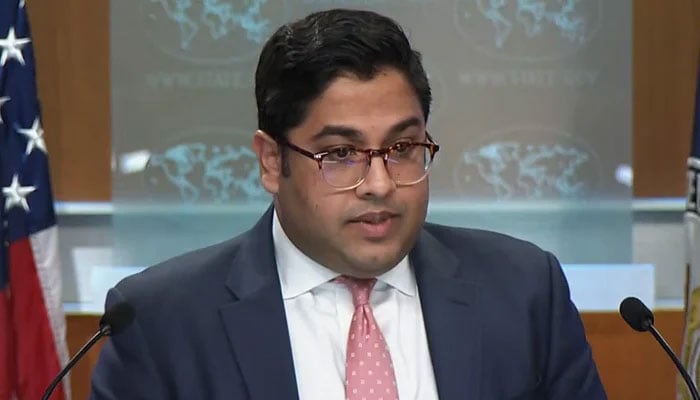 Vedant Patel, US Department of State’s principal deputy spokesperson, addressing a press conference in Washington, on February 8, 2024, in this still taken from a video. — US State Department’s handout