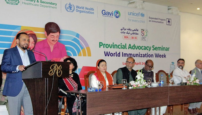 Minister for Primary and Secondary Healthcare Department Khawaja Imran Nazir addresses a launching seminar of World Immunisation Week 2024 at a local hotel on April 24, 2024. — Facebook/Primary & Secondary Healthcare Department