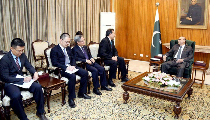 Chairman of China International Development Cooperation Agency, Luo Zhaohui, along with his delegation meets with  President Asif Ali Zardari, at Aiwan-e-Sadr on April 24, 2024. —  APP