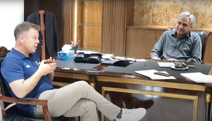 The Pakistan Cricket Board (PCB) chairman Mohsin Naqvi on Thursday held a meeting with the New Zealand Cricket Chief Executive Officer Scott Weenink here at the Board’s headquarters on April 25, 2024. — Screenshot of YouTube/Pakistan Cricket