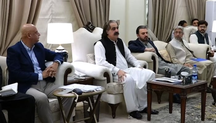 KP Chief Minister Sardar Ali Amin Khan Gandapur presides a meeting on the implementation of the CRBC (Lift-cum-Gravity) Project at KP House in Islamabad on April 25, 2024. — Facebook/Ali Amin Khan Gandapur