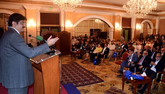 Sindh Chief Minister Syed Murad Ali Shah speaks at The Citizens Foundation (TCF) event: “Greatness of Spirit in Karachi: Book Launch” at a local hotel on April 25, 2024. — Facebook/Sindh Chief Minister House