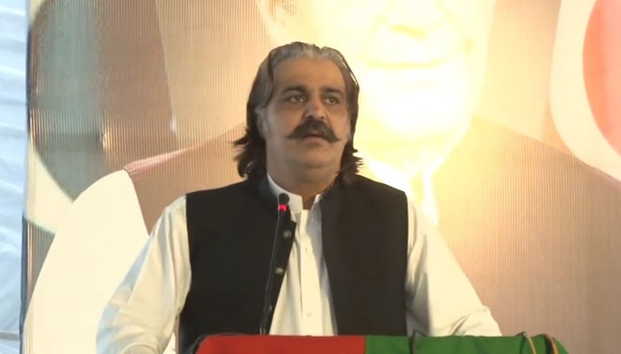 In this still, the Pakistan Tehreek-e-Insaf (PTI) leader and Khyber Pakhtunkhwa Chief Minister Ali Amin Gandapur Speaks on the 28th foundation day of PTI on April 25, 2024. — Facebook/Ali Amin Khan Gandapur