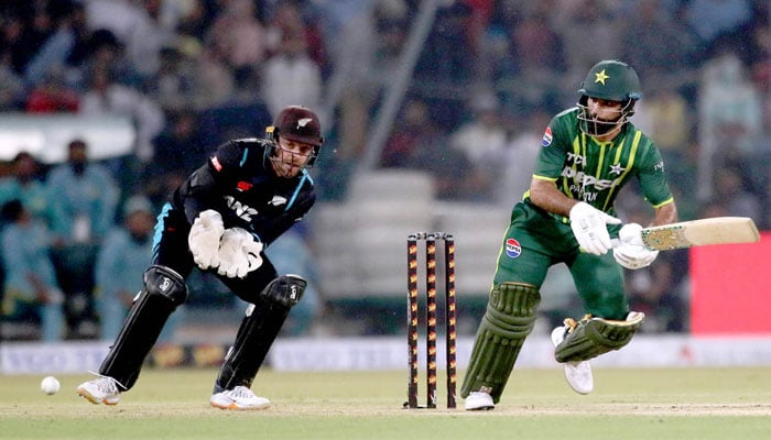Pakistani batsman Fakhar Zaman plays a shot during the Fourth Twenty20 international cricket match between Pakistan and New Zealand at the Qaddafi Cricket Stadium on April 25, 2024. — APP