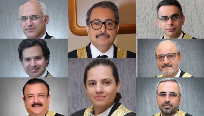 (Clockwise from top left) Islamabad High Court (IHC) judges Justice Mohsin Akhtar Kayani, Chief Justice Justice Aamer Farooq, Justice Babar Sattar, Justice Sardar Ejaz Ishaq Khan, Justice Arbab Muhammad Tahir, Justice Saman Rafat Imtiaz, Justice Tariq Mehmood Jahangiri and Justice Miangul Hassan Aurangzeb. — IHC website/File