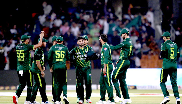 Pakistan players celebrate during the fourth T20I match between Pakistan and New Zealand at Lahores Ghaddafi Cricket Stadium on April 25, 2024. — APP