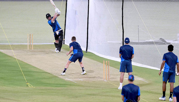 The New Zealand team takes part in a practice session at the Qaddafi Cricket Stadium. — APP/File
