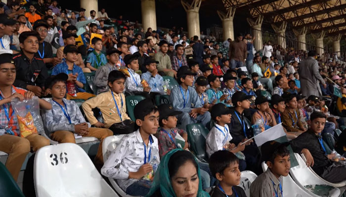 This screengrab taken from a video released on April 26, 2024, shows the children watching a cricket match between Pakistan and New Zealand on  April 25, 2024, at the Gaddafi Stadium in Lahore. — Facebook/Pakistan Cricket Team