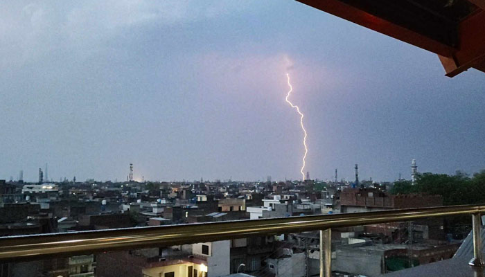 An image showing lightning during rainfall in Lahore on April 26, 2024. — Facebook/Lahoreaccurateweather