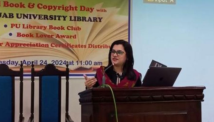 Dr Ayesha Akram, Assistant Professor from the Institute of English Studies speaking at the event organised by the Punjab University library on April 26, 2024. — Facebook/PunjabUniversityLibrary