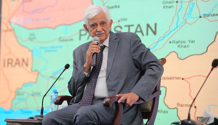 The image released on Mar 23, 2023, shows PPP Secretary General Taj Haider speaking on Financing Pakistans Climate Action at the Pakistan Development Forum at the Institute of Management Sciences, Peshawar. — Facebook/AlumniAssociationIAA