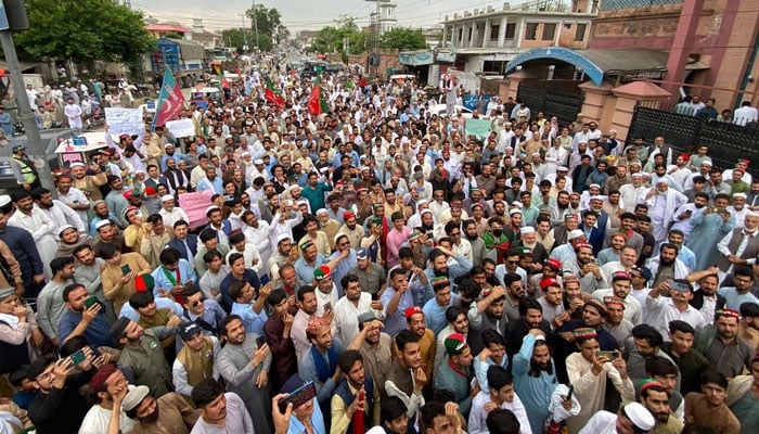PTI workers hold protest demonstration in KP’s Lower Dir on April 26, 2024. — X/@PTIofficial