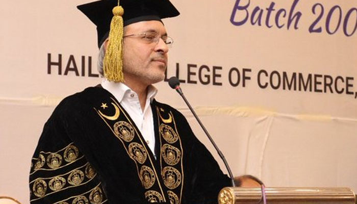 The image released on April 24, 2024 shows Punjab University (PU) Vice Chancellor Prof Dr Khalid Mahmood addressing a ceremony. — X/@Drkhalidmahmood
