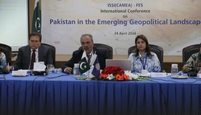 Asif Durrani, Pakistan’s Special Representative on Afghanistan  addressing the inaugural session of International Conference on “Pakistan in the emerging geopolitical landscape” on April 26, 2024. — x/KabulNow