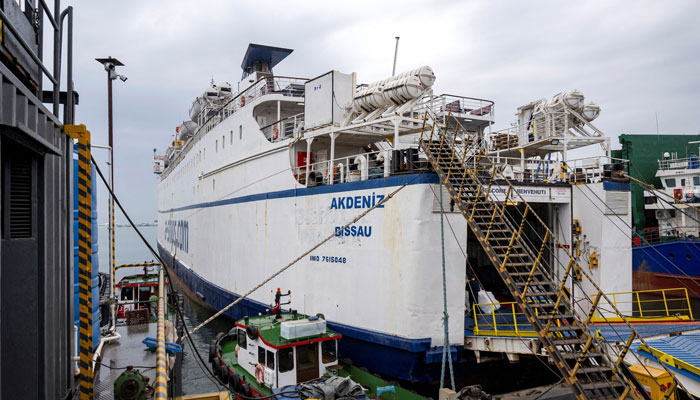 The Akdeniz RoRo, part of the Freedom Flotilla Coalition, is loaded with goods as it is anchored in Tuzla seaport, near Istanbul on April 19, 2024. — AFP