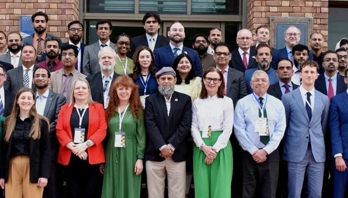 Higher education leaders from the UK along with British Council officials pose for a group photo during visits to Comsats University Islamabad on April 28, 2024. — Facebook/Comsats University Islamabad