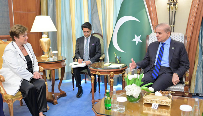 IMF Managing Director Kristalina Georgieva (left) meets Prime Minister Shehbaz Sharif on the sidelines of a special meeting of the World Economic Forum on April 28, 2024. — PID