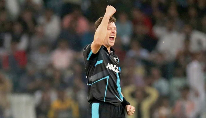 Matt Henry celebrates after picking up a wicket during the Pak vs NZ match in Lahore. — X/@TheRealPCB