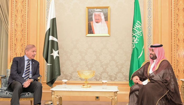 Prime Minister Muhammad Shehbaz Sharif meets with Crown Prince and Prime Minister of Kingdom of Saudi Arabia Prince Mohammed bin Salman Al Saud on April 29, 2024. — PID