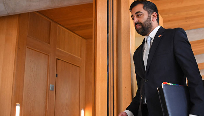 Scottish National Party (SNP) leader and now former Scotlands first minister Humza Yousaf arrives for First Ministers Questions at Holyrood on April 25, 2024. — AFP
