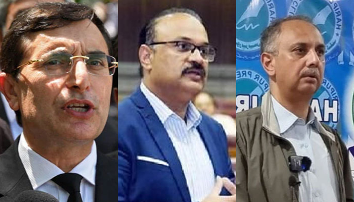 This collage of images shows PTI leaders including  Chairman Barrister Gohar (left), Amir Dogar (centre) and NA Opposition Leader Omar Ayub. — Facebook/Omar Ayub Khan/AFP/X@AamirDogar155/File