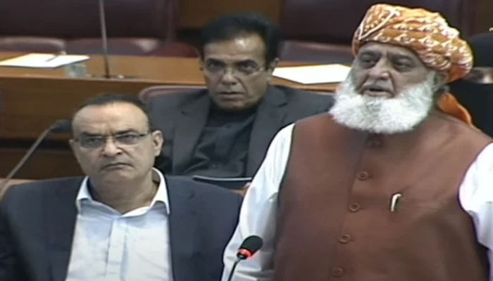 JUI-F Chief Maulana Fazlur Rehman addresses the National Assembly session on April 29, 2024, in this still taken from a video. — YouTube/PTV Parliament