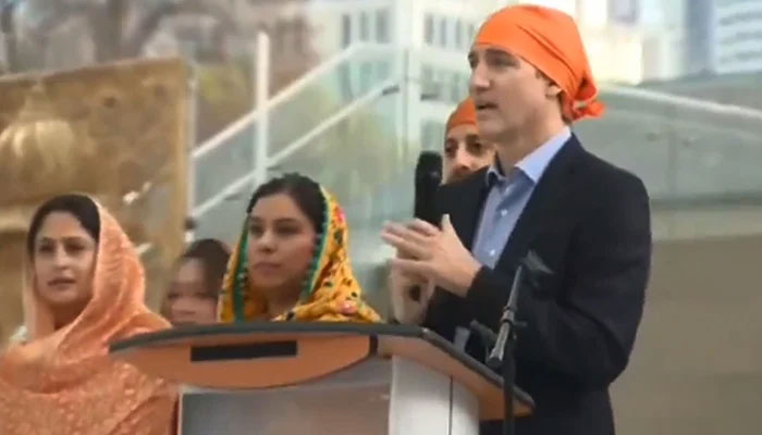 Canadian PM Justin Trudeau addresses the event in connection with Khalsa day celebrations at City Hall, Toronto, April 28, 2024, in this still taken from a video. — X/@sidhant