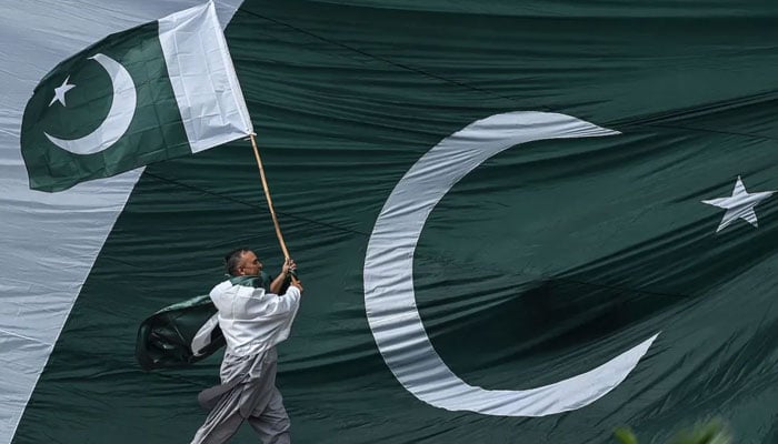 A representational image showing a man holding national flag as he walks along a street in Islamabad. — AFP/File