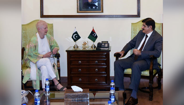 Sindh CM Syed Murad Ali Shah (R) meets Ambassador of the European Union Ms Dr. Riina Kionka at CM House on April 30, 2024. — Facebook/Sindh Chief Minister House