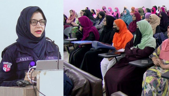 In charge of Virtual Women Police Station Aqsa Fayaz addresses the Women Safety App and Crime Stopper Services” seminar on April 30, 2024. — Facebook/Punjab Safe Cities Authority