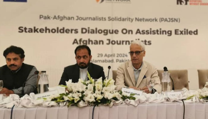 Participants gestures at ‘Dialogue on Assisting Afghan Media Practitioners in Pakistan’ on April 29, 2024. — X/@AmuTelevision