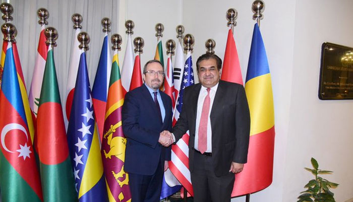 Acting Under Secretary for Political Affairs John Bass (left) shakes hand with Acting Foreign Secretary Ambassador Rahim Hayat Qureshi at the Ministry of Foreign Affairs in Islamabad on April 30, 2024. — X/@ForeignOfficePk