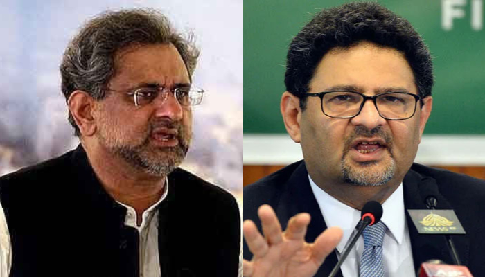 This combination of images shows the former prime minister Shahid Khaqan Abbasi (L), and former finance minister Miftah Ismail. — APP/PID/File