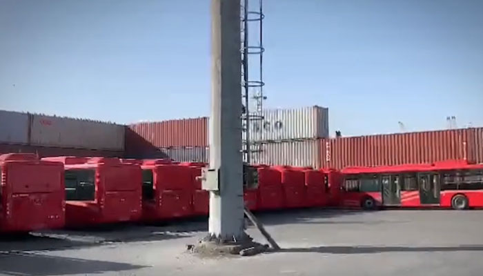In this screengrab, buses part of the Peoples Bus Service can be seen at Karachi Port, released on May 1, 2024. — Facebook/Sharjeel Inam Memon