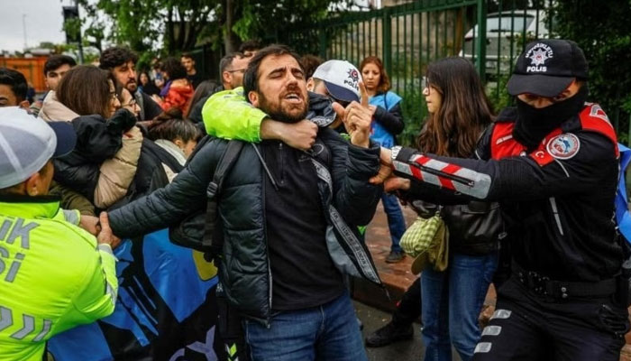 Turkish police detaining protesters as they attempt to march to Istanbuls Taksim Square during a May Day rally on May 1, 2024. — AFP