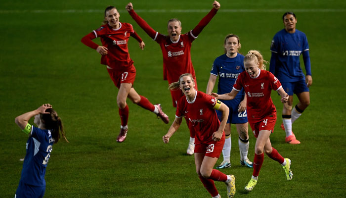 Gemma Bonner (number 23) celebrates scoring Liverpools fourth goal during the Women’s Super League against Chelsea. — AFP File