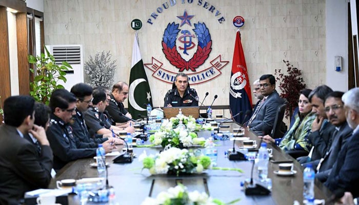 IG Sindh, Ghulam Nabi Memon presides over a meetingat CPO Headquarters in Karachi on May 2, 2024. — PPI