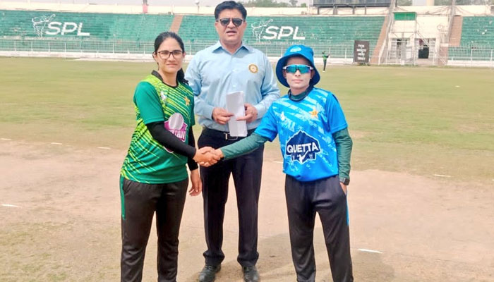 Captains of Quetta and Multan shake hands at toss at Iqbal Stadium in Faisalabad in the eighth round of the National Women’s One Day Tournament on May 3, 2024. — x/TheRealPCB_Live