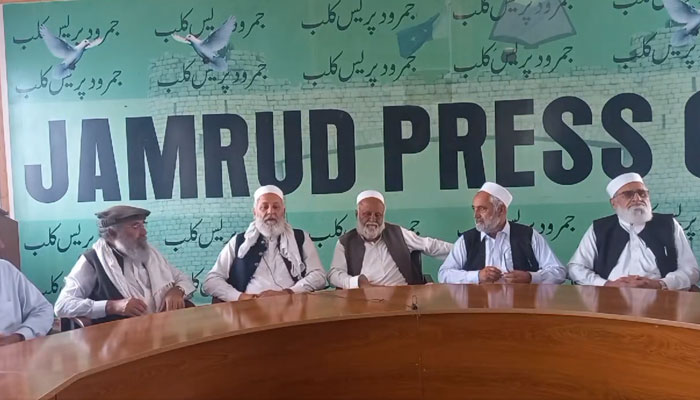 The screenshot shows tribal elders voicing their opposition to the merger of tribal areas into Khyber Pakhtunkhwa on May 3, 2024. — Facebook/jamrudpressclub