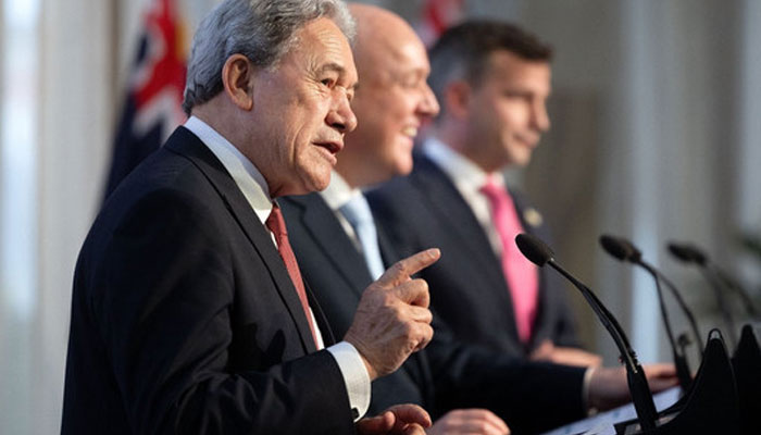 Winston Peters attends a press conference at Parliament in Wellington on November 24, 2023, alongside coalition partners Christopher Luxon and David Seymour. — AFP File