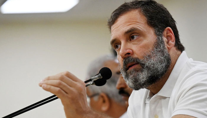 Congress party leader Rahul Gandhi gestures as he speaks during a press conference in New Delhi on March 25, 2023, after being disqualified as a member of parliament. — AFP File