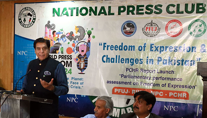Former prime minister, MNA Raja Pervez Ashraf speaking on the occasion of World Press Freedom Day at the National Press Club on May 3, 2024. — APP