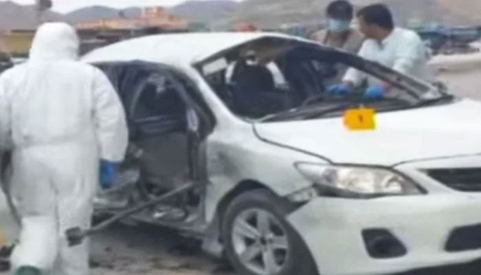 Mohammad Siddiq Mengals car is seen damaged following the blast on May 3, 2024, in this still taken from a video. — YouTube/Geo News Live